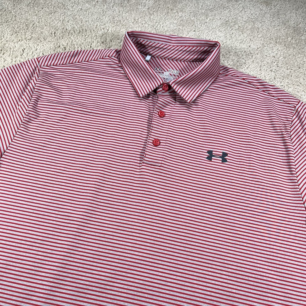 Under Armour UA Mens Heat Gear Polo Golf Shirt Gray Red Striped‎ X-Large XL EUC